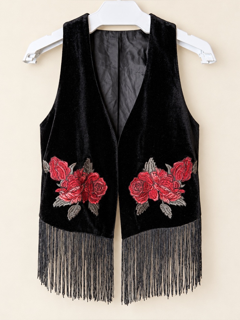 Streetwear Society Black Velvet Rose Embroidered Fringe Vest M Western Boho